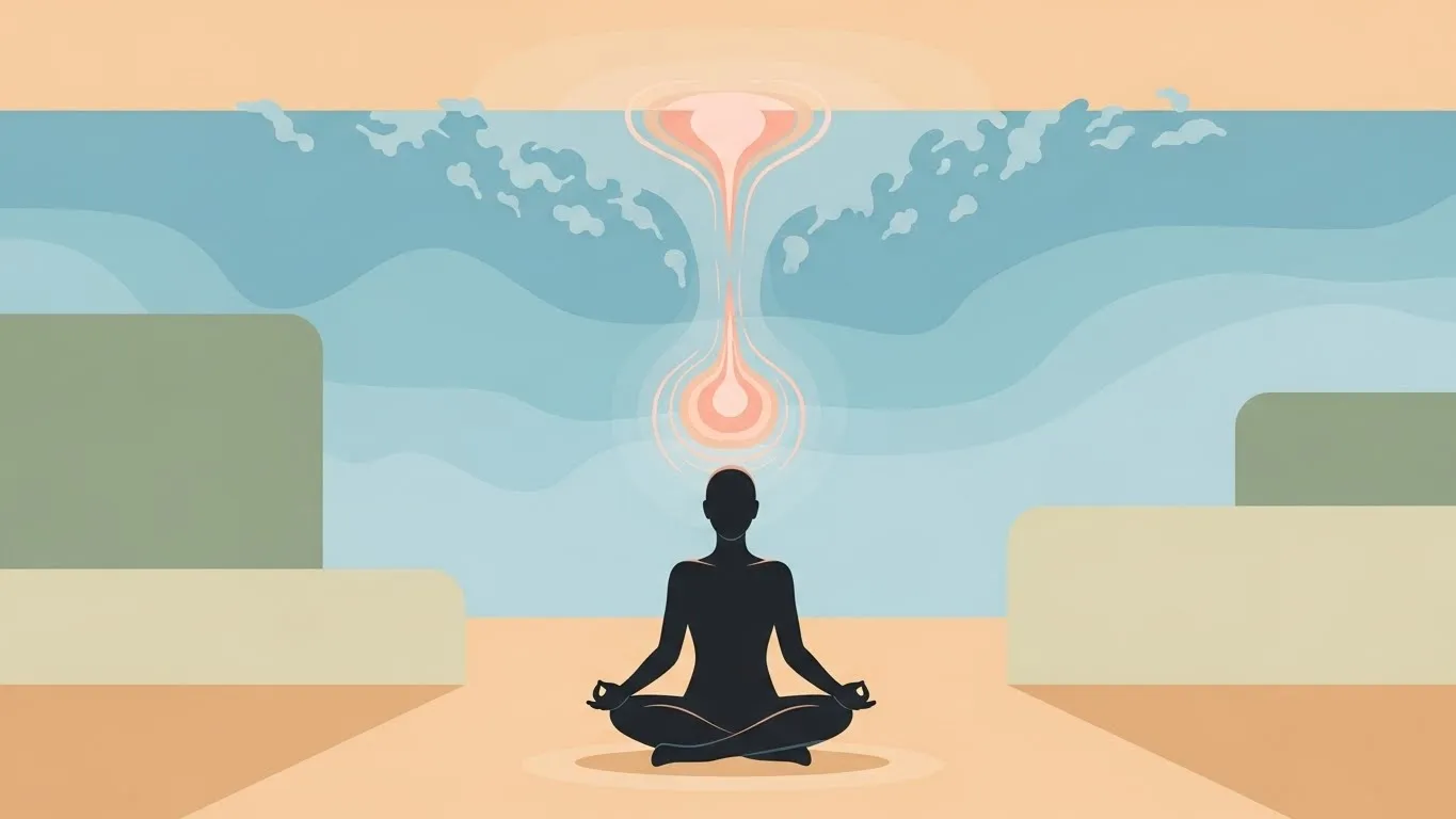 A serene image of a woman sitting peacefully on a yoga mat, eyes closed, surrounded by warm light, symbolizing inner peace and safety.