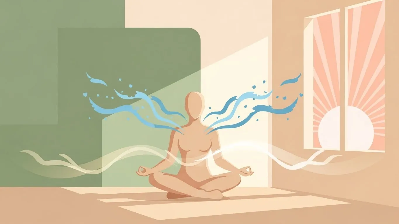 A woman sitting peacefully by a window in the early morning light, emphasizing calm and reflection.