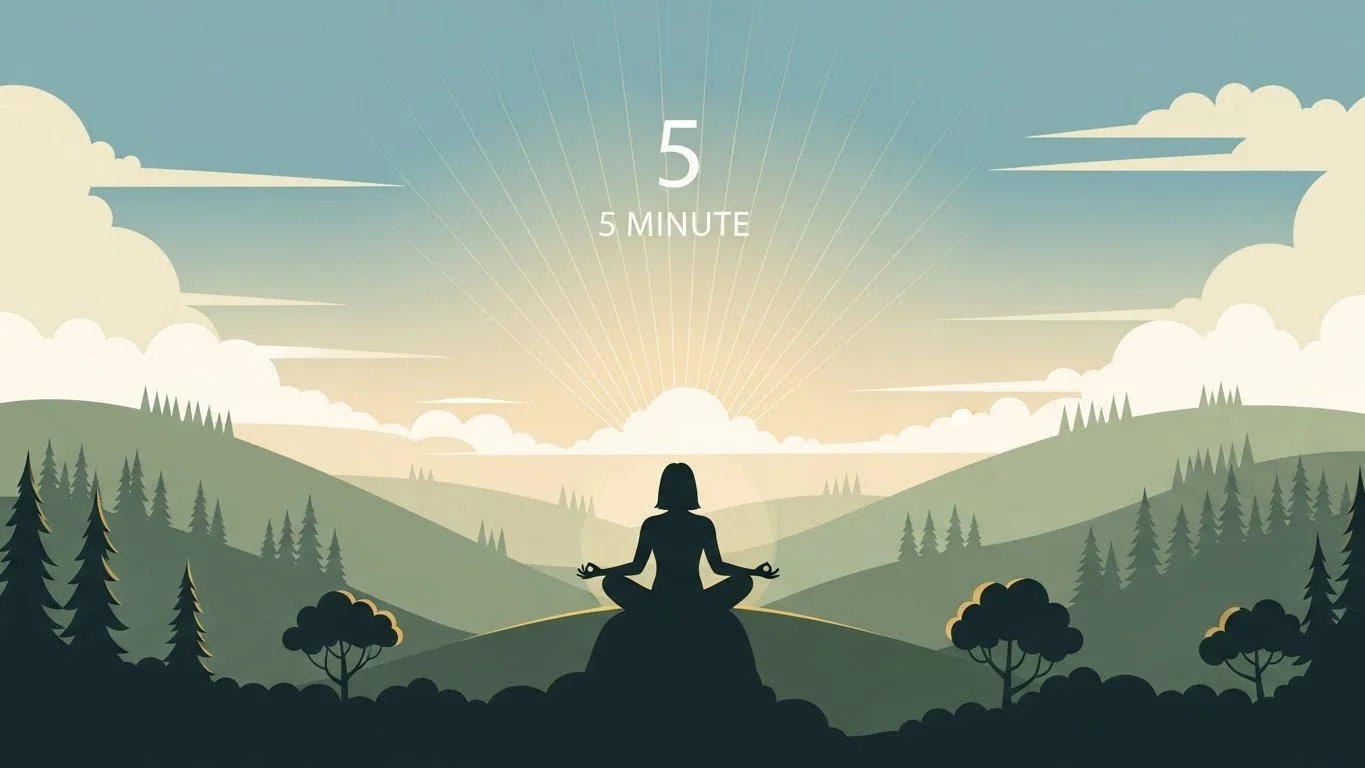 A close-up of hands resting on a desk, with a timer showing 5 minutes, representing a mindfulness break at work