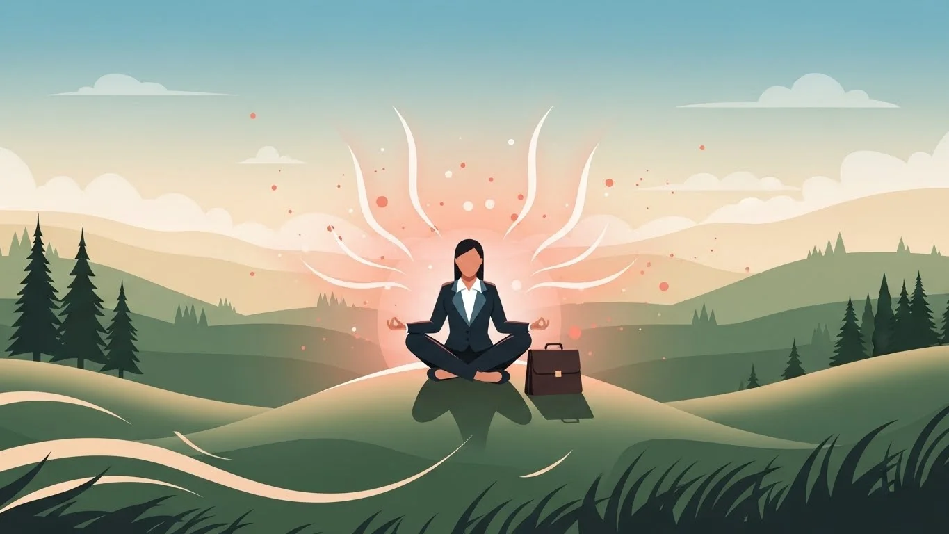 A serene meditation corner with a cushion, plants, and soft lighting, showing a dedicated space for practice