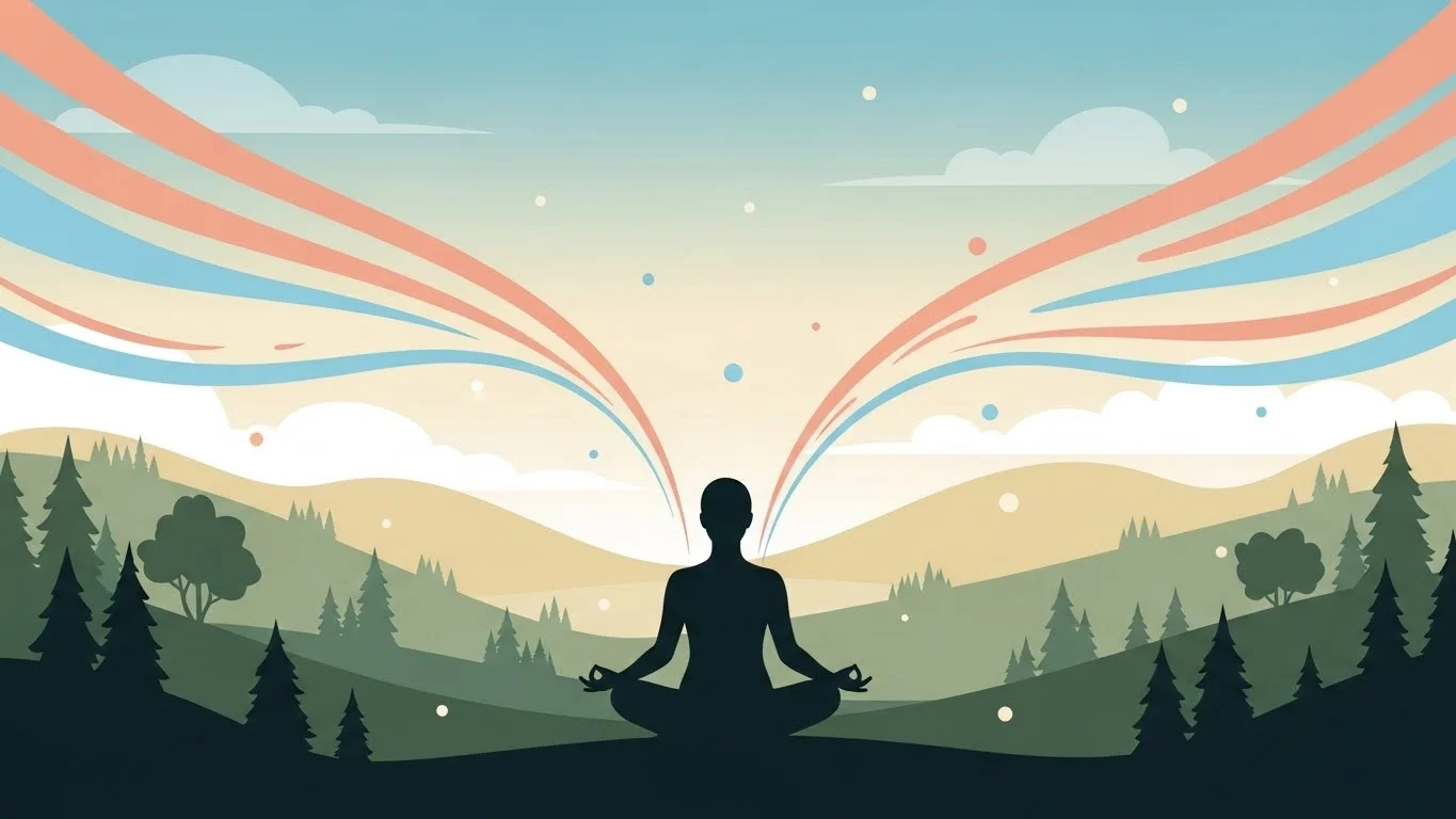 A person sitting comfortably in meditation with eyes closed, breathing peacefully