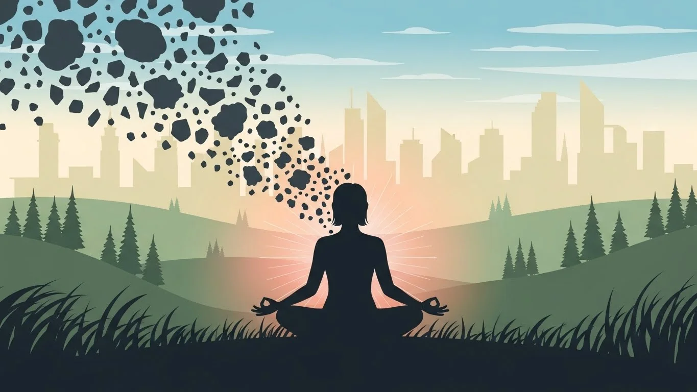 Business professional taking a mindful moment at their desk with eyes closed