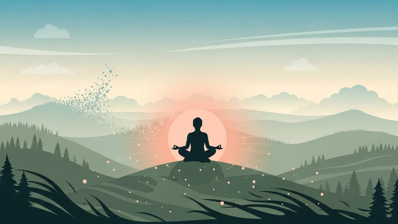 Person doing breathing meditation in office chair with peaceful expression