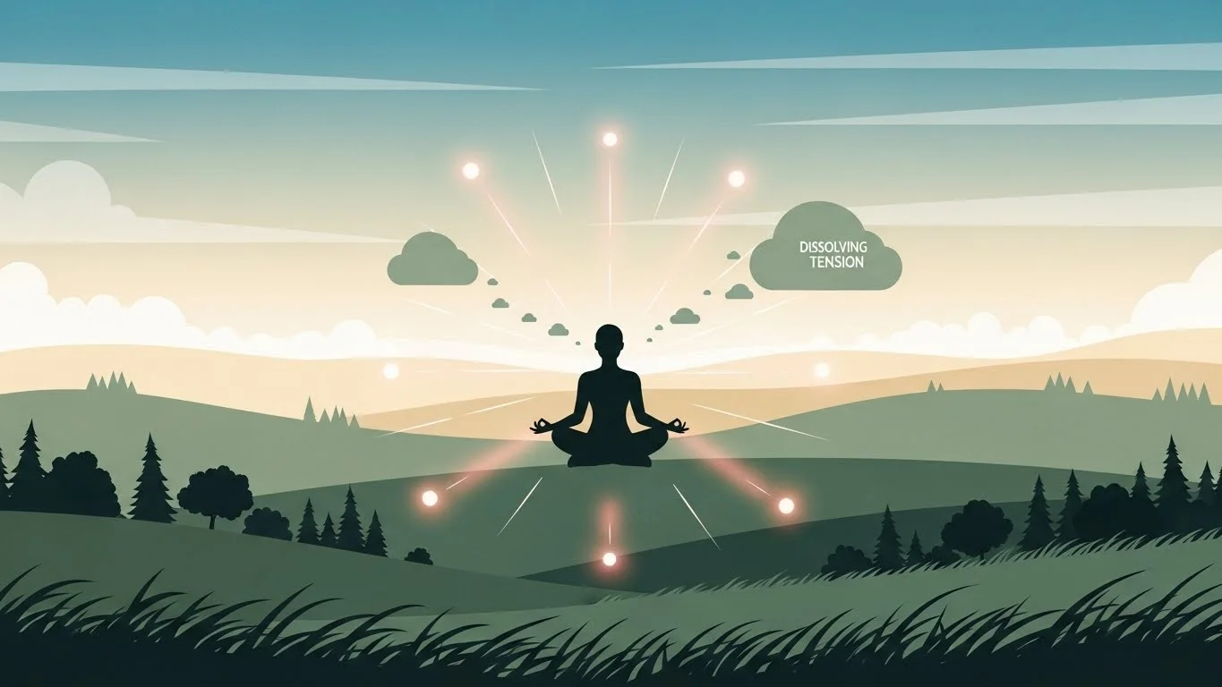 Peaceful morning meditation setup with person breathing by window