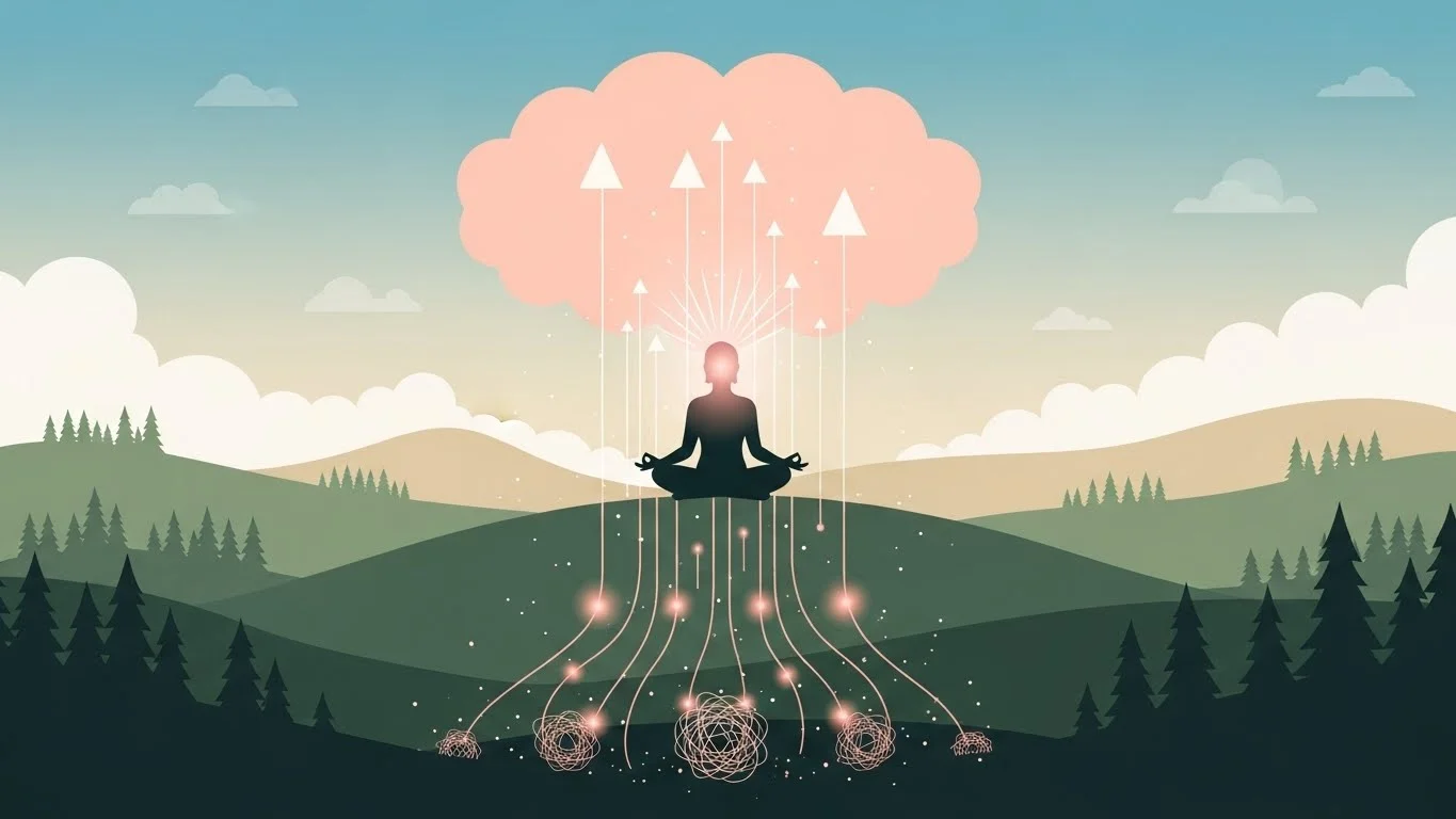 Person meditating with hands on heart in morning light